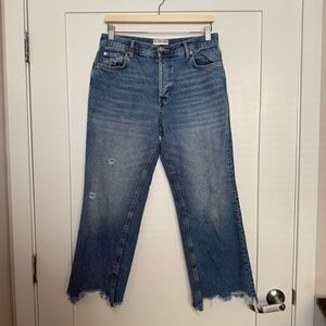 We The Free Distressed Blue Raw-Hem Cropped Wide-Leg Jeans
